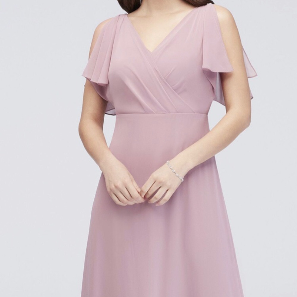 Davids Bridal Reverie split butterfly sleeves chiffon rose pink party maxi dress
